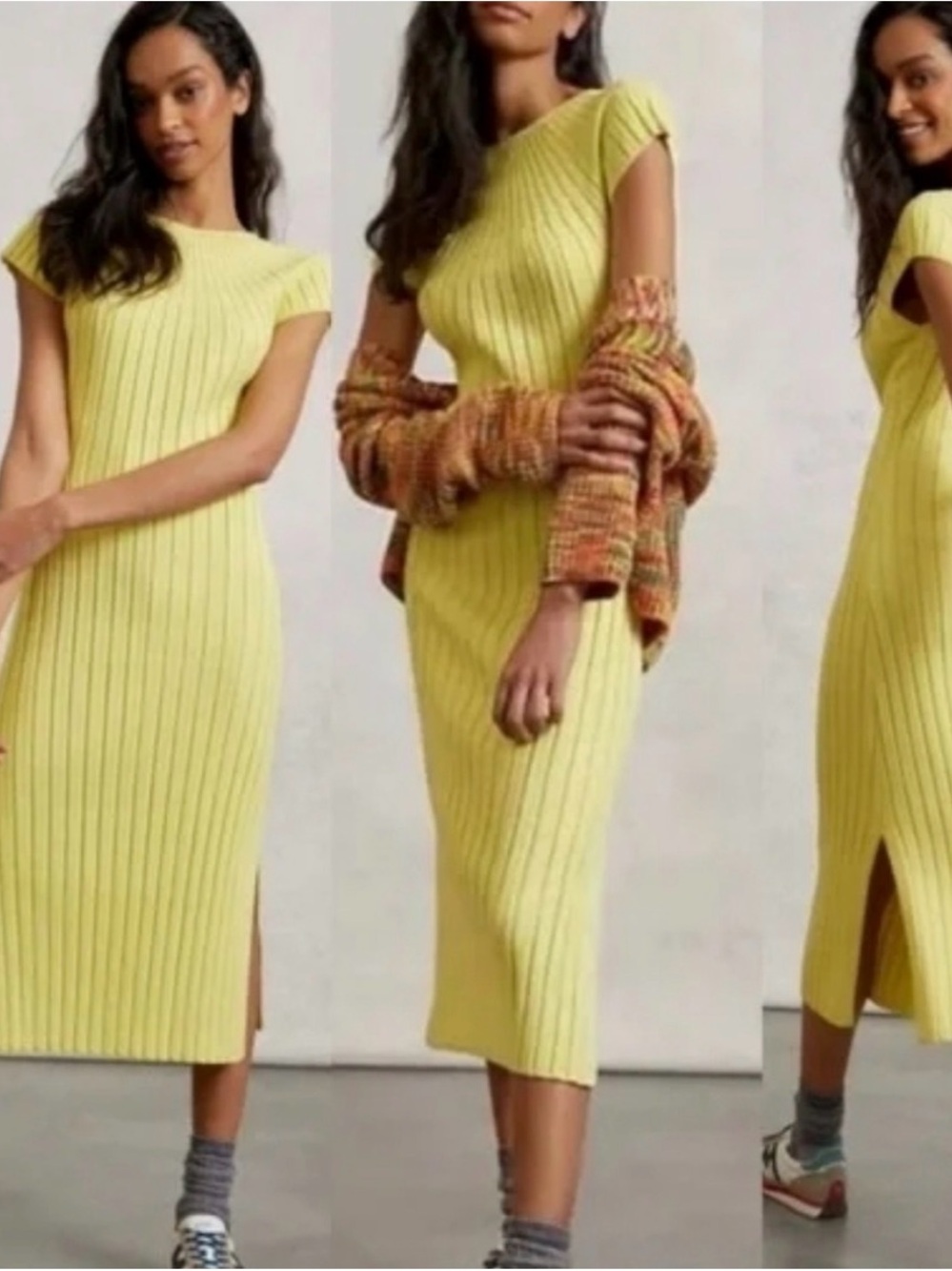 Anthropologie Lemon Ribbed Cap-Sleeve Midi Dress